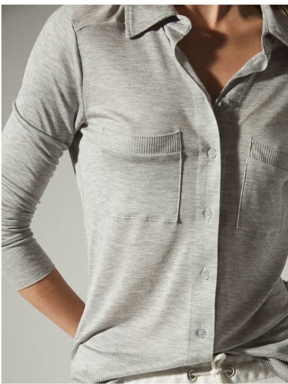 Reiss Nancy Gray Lyocell Button Down Knit Shirt Top Chest Pockets XS